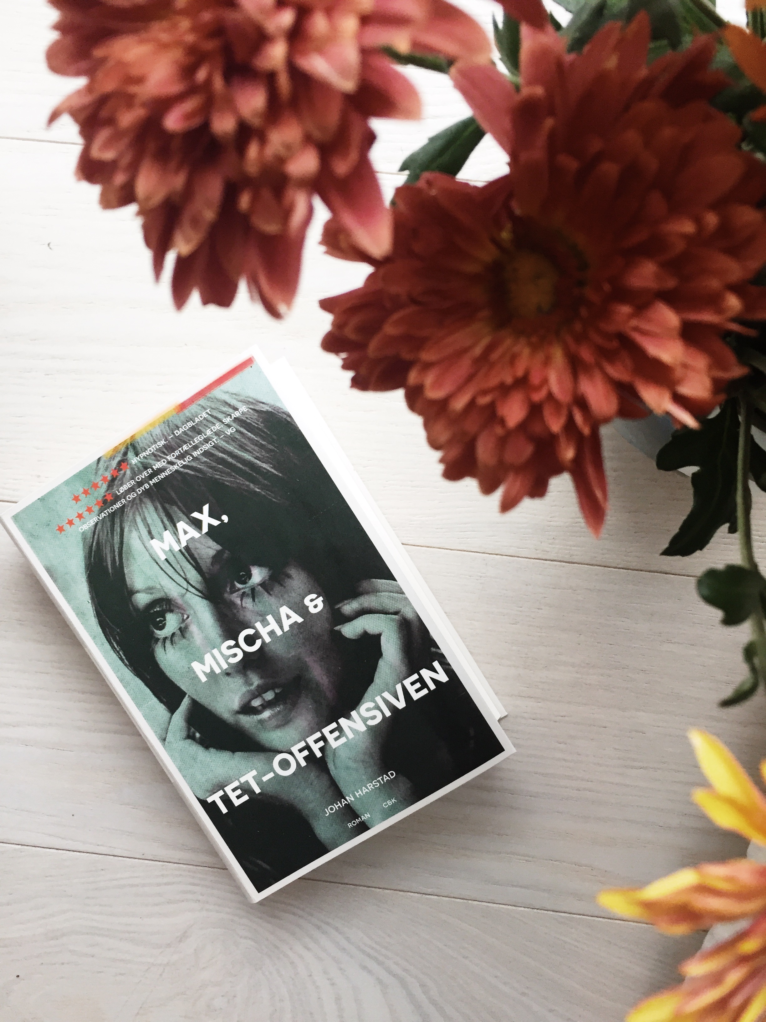 Et billed af Max, Mischa og Tet-offensiven der ligger på et gulv ved siden af en buket blomster.